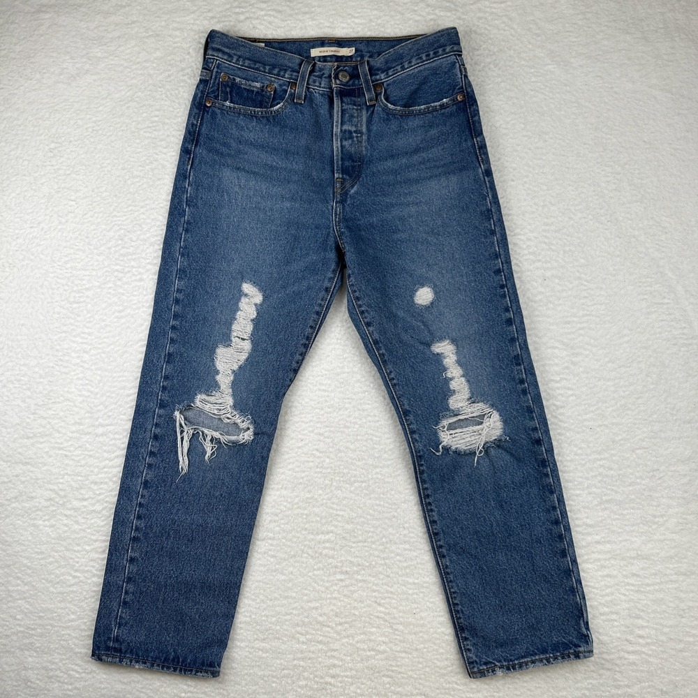 Levi's Wedgie Straight Premium Big E Denim‎ Blue Jeans Distressed Women's 27x25